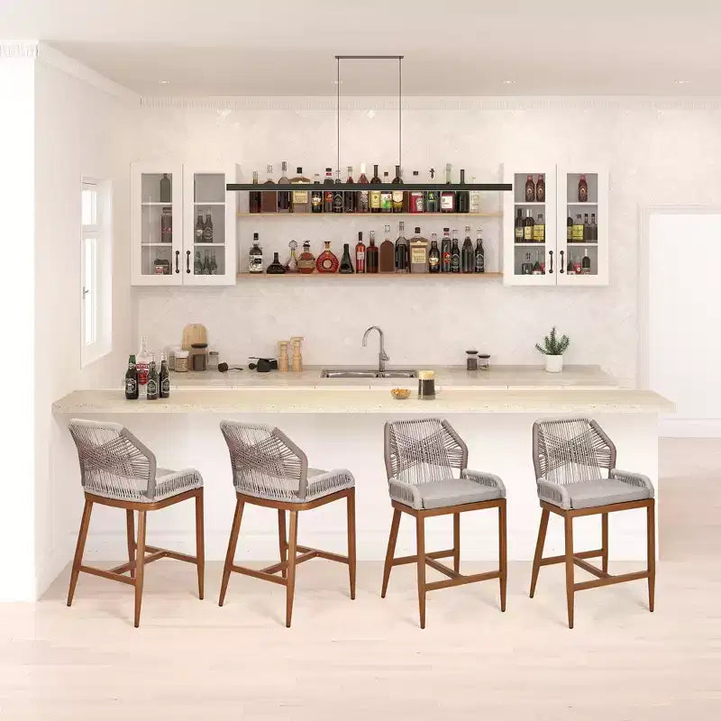 Set di 2 sgabelli da bar altezza bancone, sgabelli da bar in rattan intrecciato con schienale e braccioli