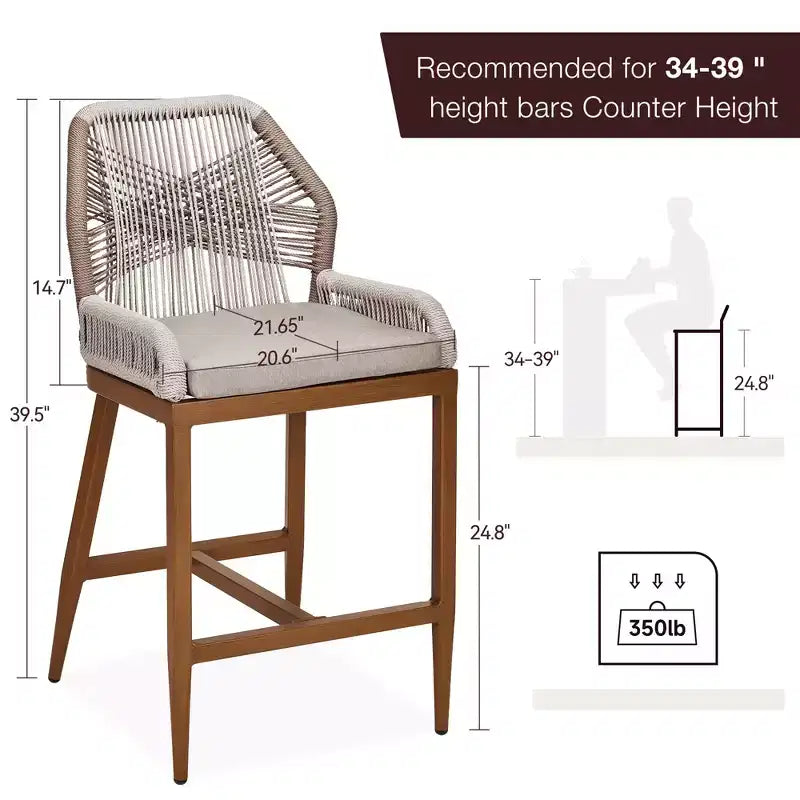 Set di 2 sgabelli da bar altezza bancone, sgabelli da bar in rattan intrecciato con schienale e braccioli