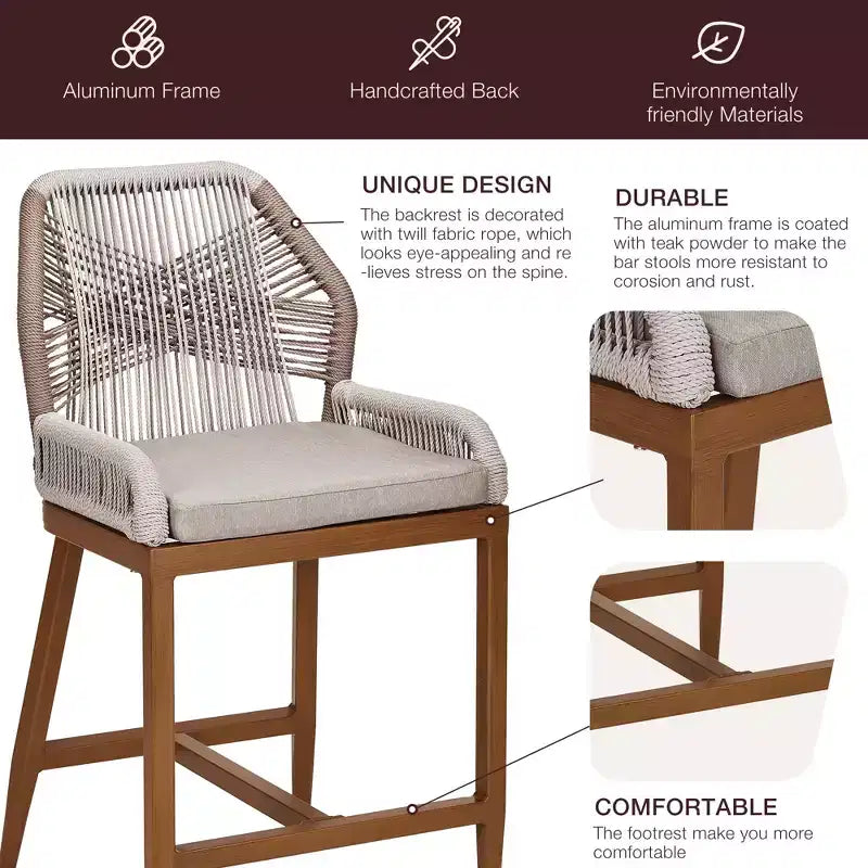 Set di 2 sgabelli da bar altezza bancone, sgabelli da bar in rattan intrecciato con schienale e braccioli