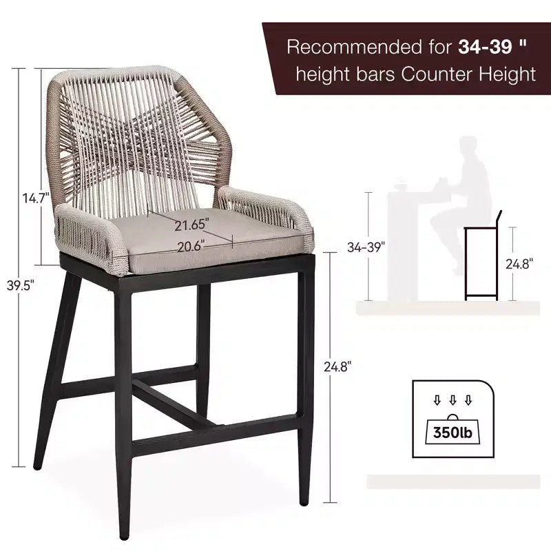 Set di 2 sgabelli da bar altezza bancone, sgabelli da bar in rattan intrecciato con schienale e braccioli
