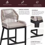Set di 2 sgabelli da bar altezza bancone, sgabelli da bar in rattan intrecciato con schienale e braccioli