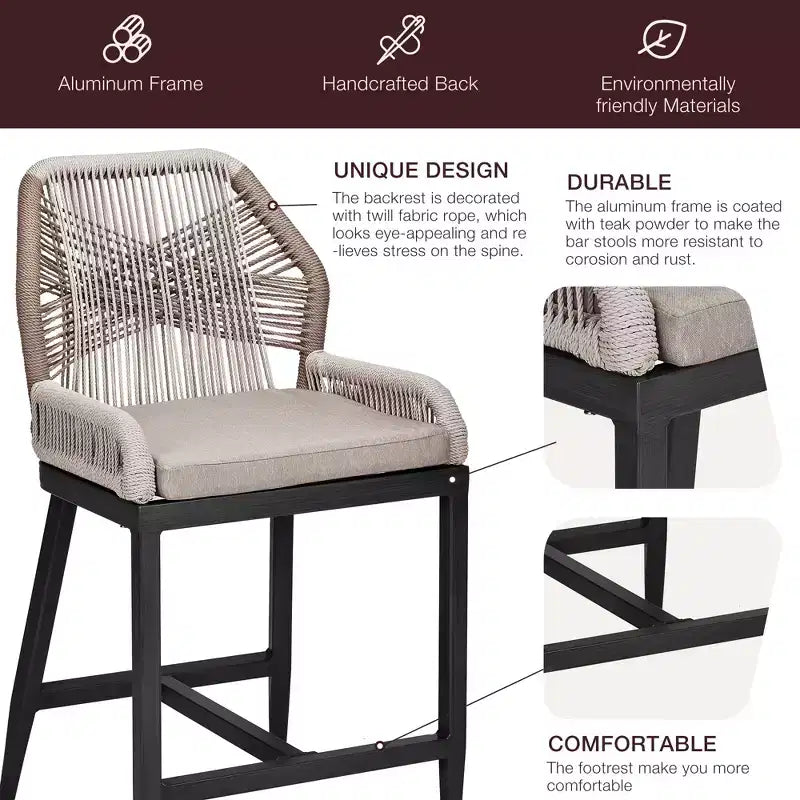 Set di 2 sgabelli da bar altezza bancone, sgabelli da bar in rattan intrecciato con schienale e braccioli