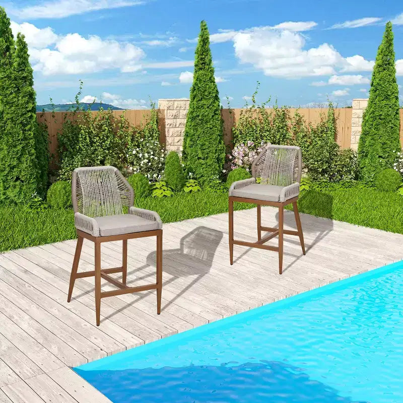 Set di 2 sgabelli da bar altezza bancone, sgabelli da bar in rattan intrecciato con schienale e braccioli