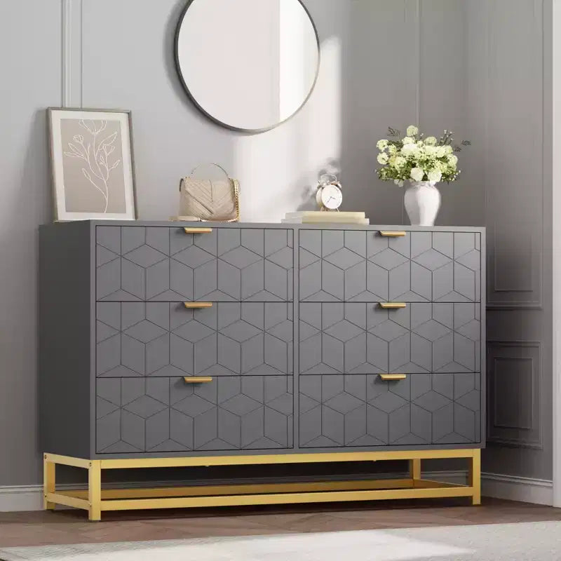 Cassettiera Bianca a 6 Cassetti con Maniglie Dorate - Comò Moderno in Legno per Camera da Letto, Armadio e Comodino