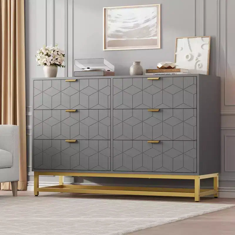 Cassettiera Bianca a 6 Cassetti con Maniglie Dorate - Comò Moderno in Legno per Camera da Letto, Armadio e Comodino