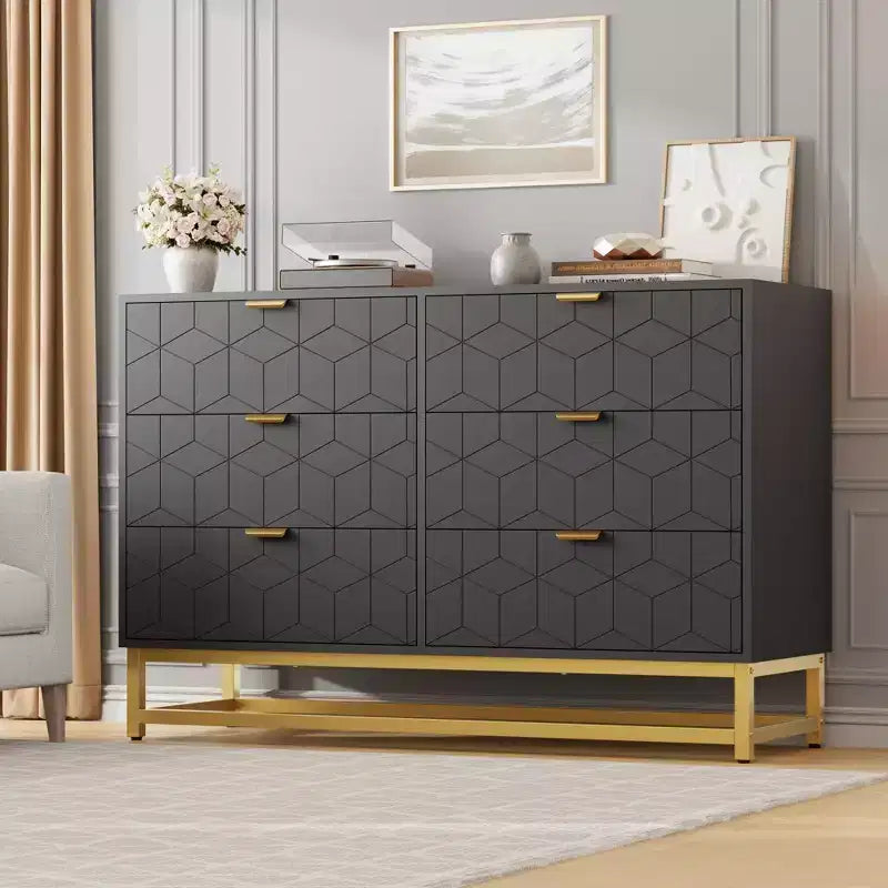 Cassettiera Bianca a 6 Cassetti con Maniglie Dorate - Comò Moderno in Legno per Camera da Letto, Armadio e Comodino
