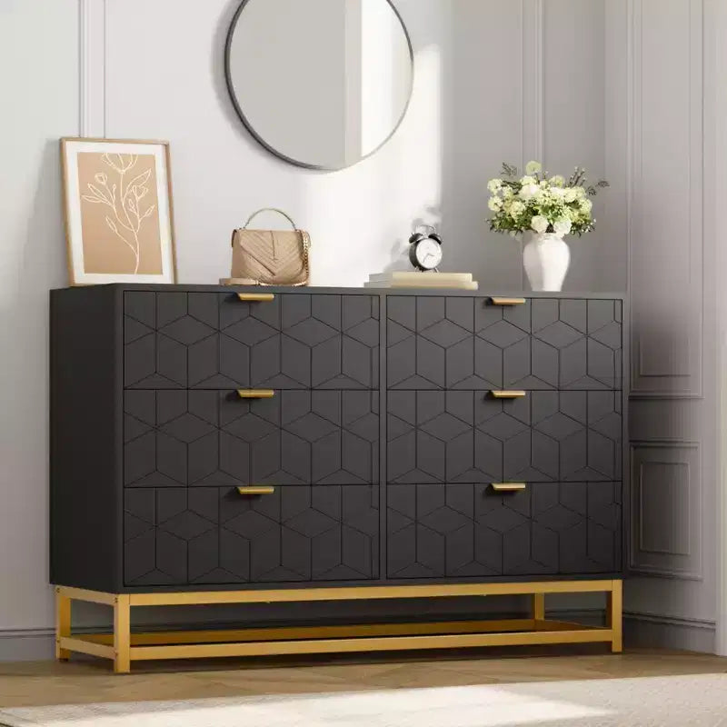 Cassettiera Bianca a 6 Cassetti con Maniglie Dorate - Comò Moderno in Legno per Camera da Letto, Armadio e Comodino
