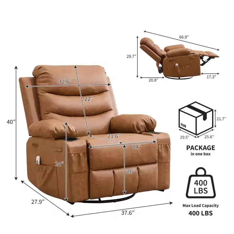 Poltrona reclinabile da asilo nido oversize COZONY, dondolo girevole a 360° con riscaldamento e massaggio, portabicchieri e contenitore, per camera da letto, camper, soggiorno