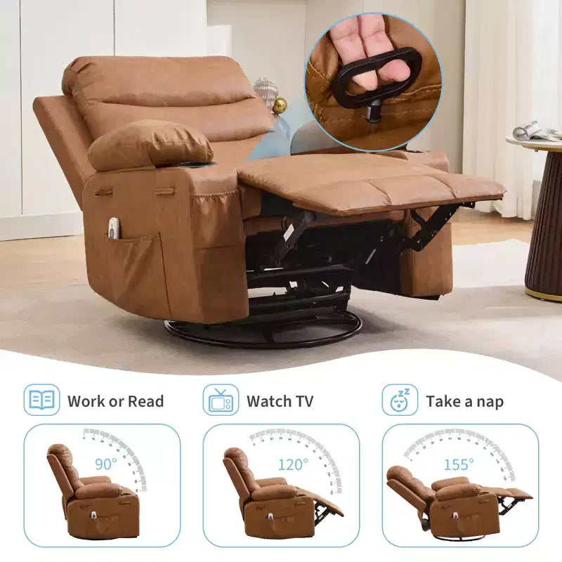 Poltrona reclinabile da asilo nido oversize COZONY, dondolo girevole a 360° con riscaldamento e massaggio, portabicchieri e contenitore, per camera da letto, camper, soggiorno