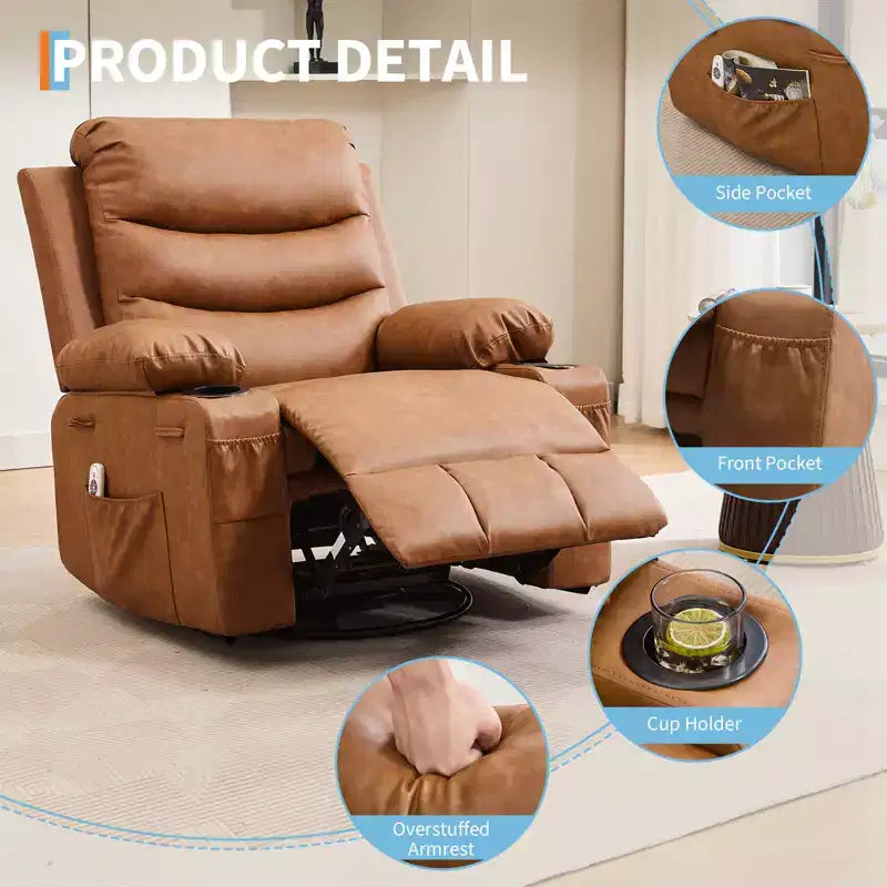 Poltrona reclinabile da asilo nido oversize COZONY, dondolo girevole a 360° con riscaldamento e massaggio, portabicchieri e contenitore, per camera da letto, camper, soggiorno