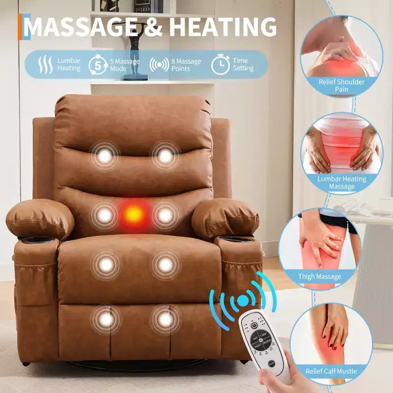 Poltrona reclinabile da asilo nido oversize COZONY, dondolo girevole a 360° con riscaldamento e massaggio, portabicchieri e contenitore, per camera da letto, camper, soggiorno