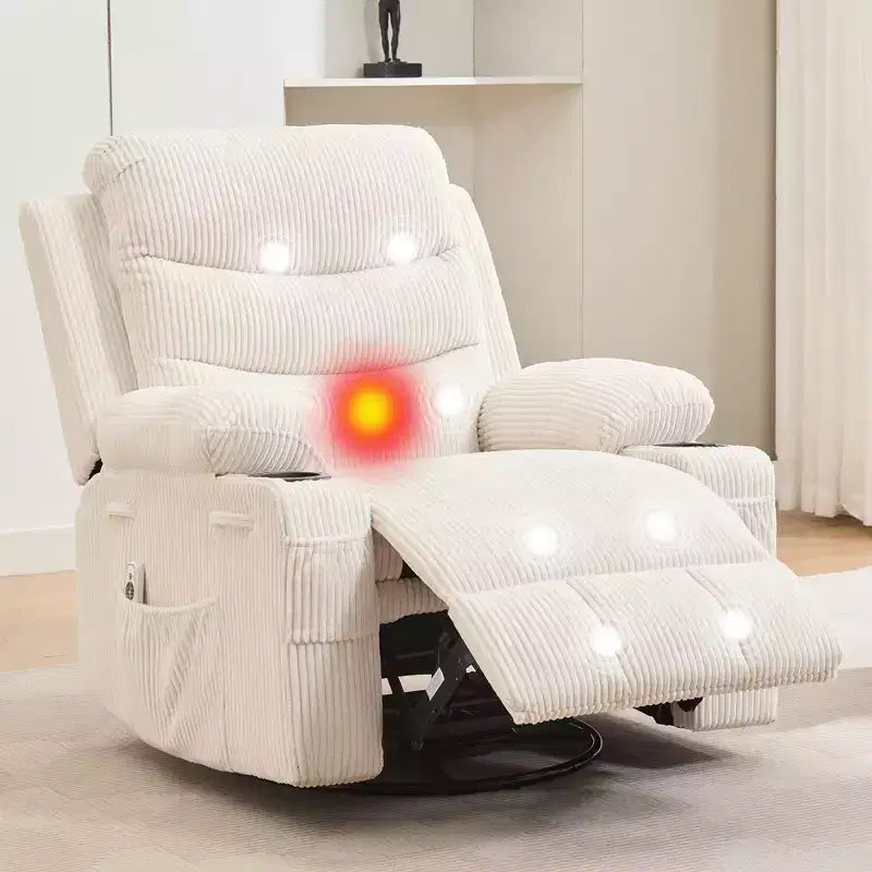 Poltrona reclinabile da asilo nido oversize COZONY, dondolo girevole a 360° con riscaldamento e massaggio, portabicchieri e contenitore, per camera da letto, camper, soggiorno