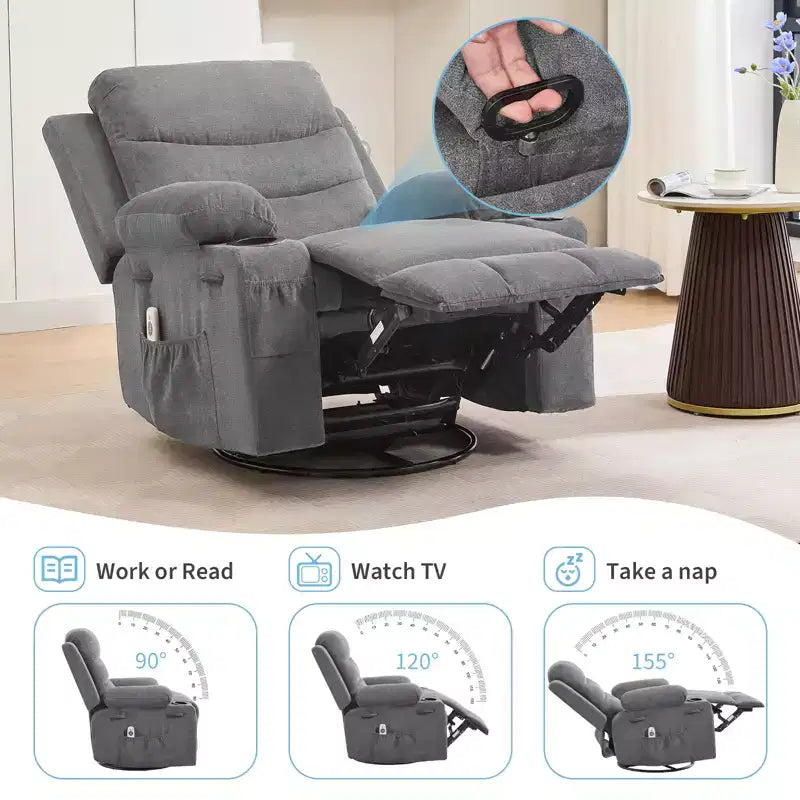 Poltrona reclinabile da asilo nido oversize COZONY, dondolo girevole a 360° con riscaldamento e massaggio, portabicchieri e contenitore, per camera da letto, camper, soggiorno