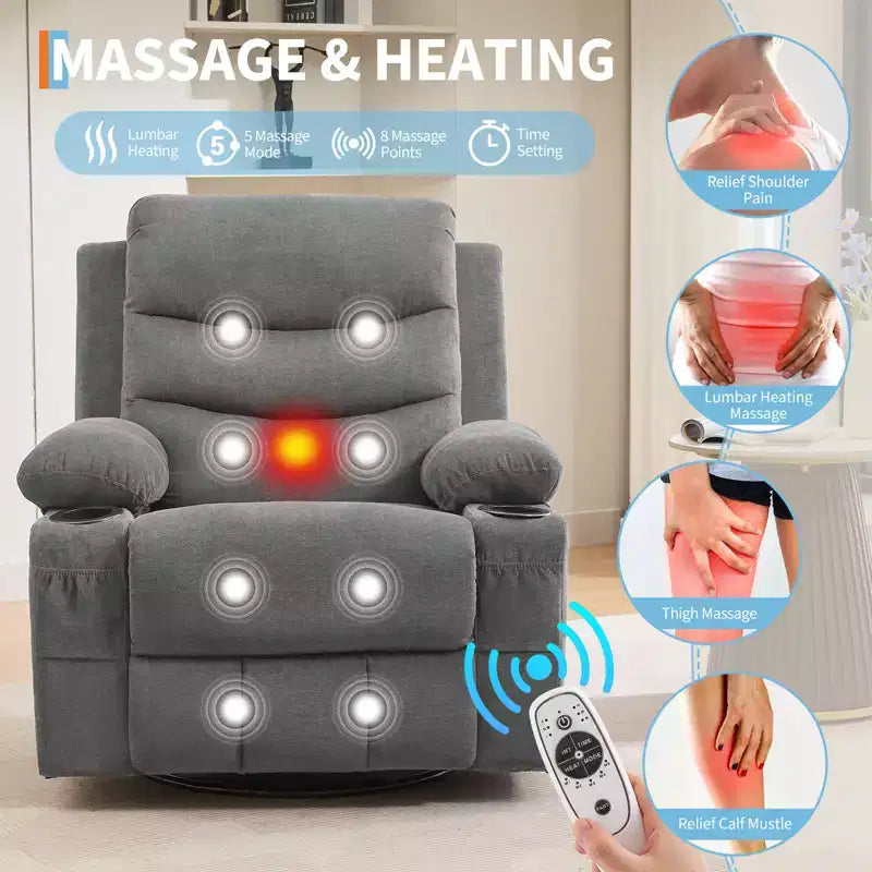 Poltrona reclinabile da asilo nido oversize COZONY, dondolo girevole a 360° con riscaldamento e massaggio, portabicchieri e contenitore, per camera da letto, camper, soggiorno
