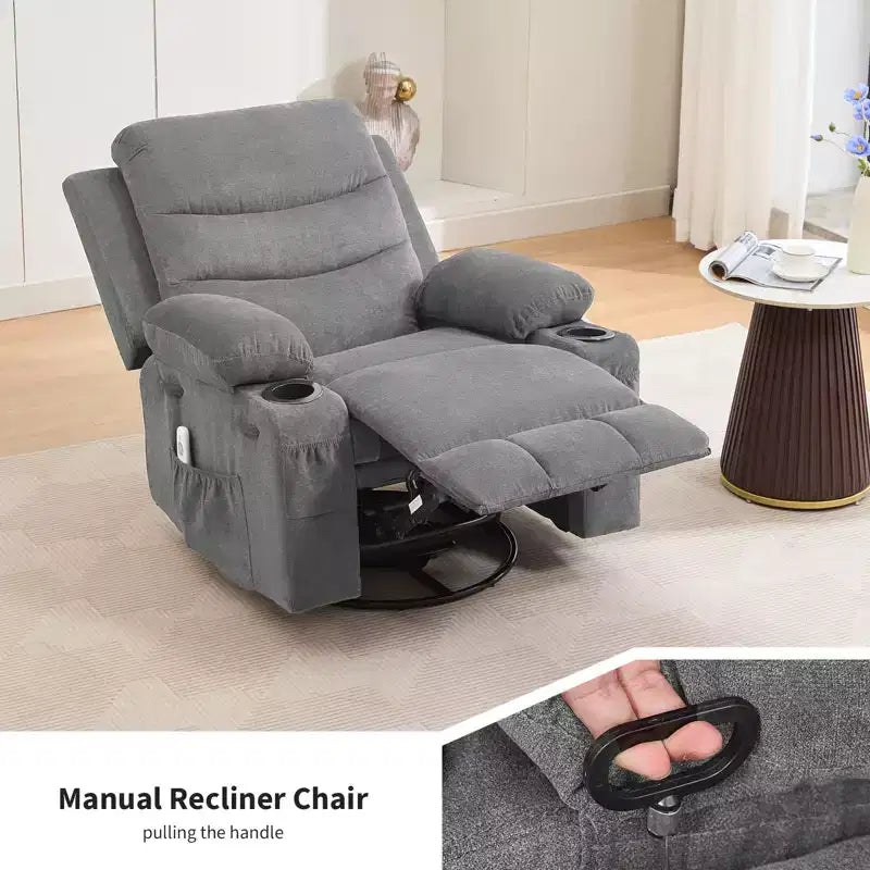 Poltrona reclinabile da asilo nido oversize COZONY, dondolo girevole a 360° con riscaldamento e massaggio, portabicchieri e contenitore, per camera da letto, camper, soggiorno