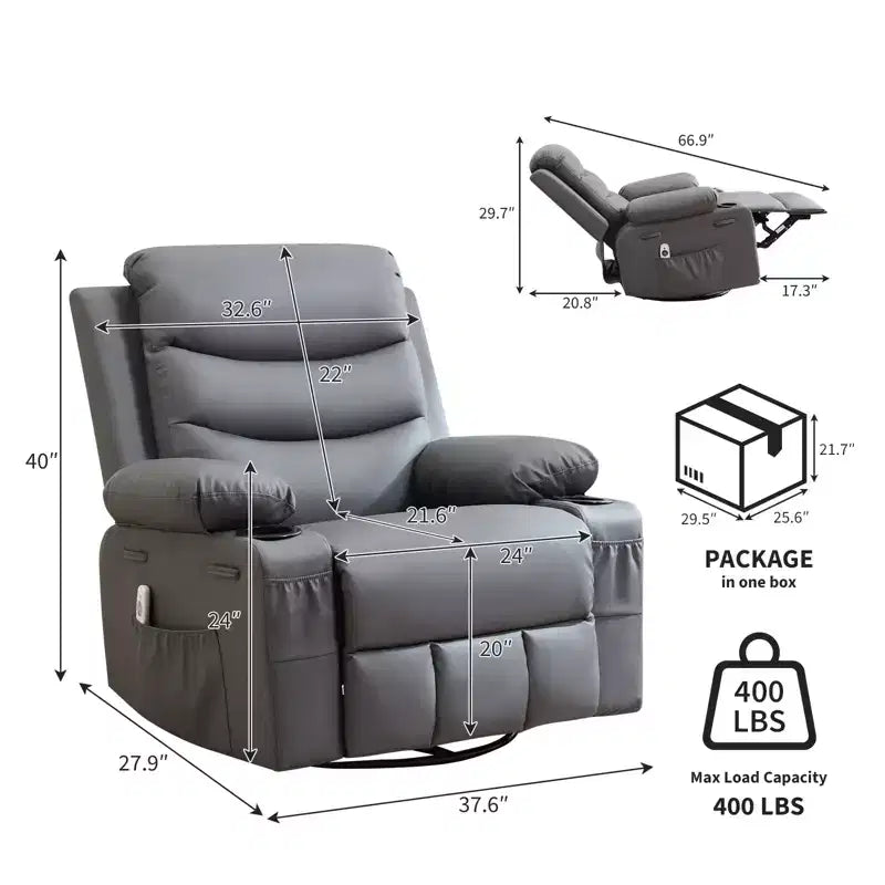 Poltrona reclinabile da asilo nido oversize COZONY, dondolo girevole a 360° con riscaldamento e massaggio, portabicchieri e contenitore, per camera da letto, camper, soggiorno