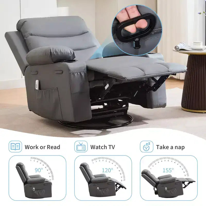 Poltrona reclinabile da asilo nido oversize COZONY, dondolo girevole a 360° con riscaldamento e massaggio, portabicchieri e contenitore, per camera da letto, camper, soggiorno
