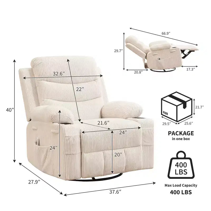 Poltrona reclinabile da asilo nido oversize COZONY, dondolo girevole a 360° con riscaldamento e massaggio, portabicchieri e contenitore, per camera da letto, camper, soggiorno