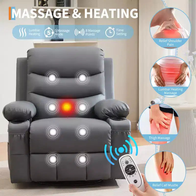 Poltrona reclinabile da asilo nido oversize COZONY, dondolo girevole a 360° con riscaldamento e massaggio, portabicchieri e contenitore, per camera da letto, camper, soggiorno