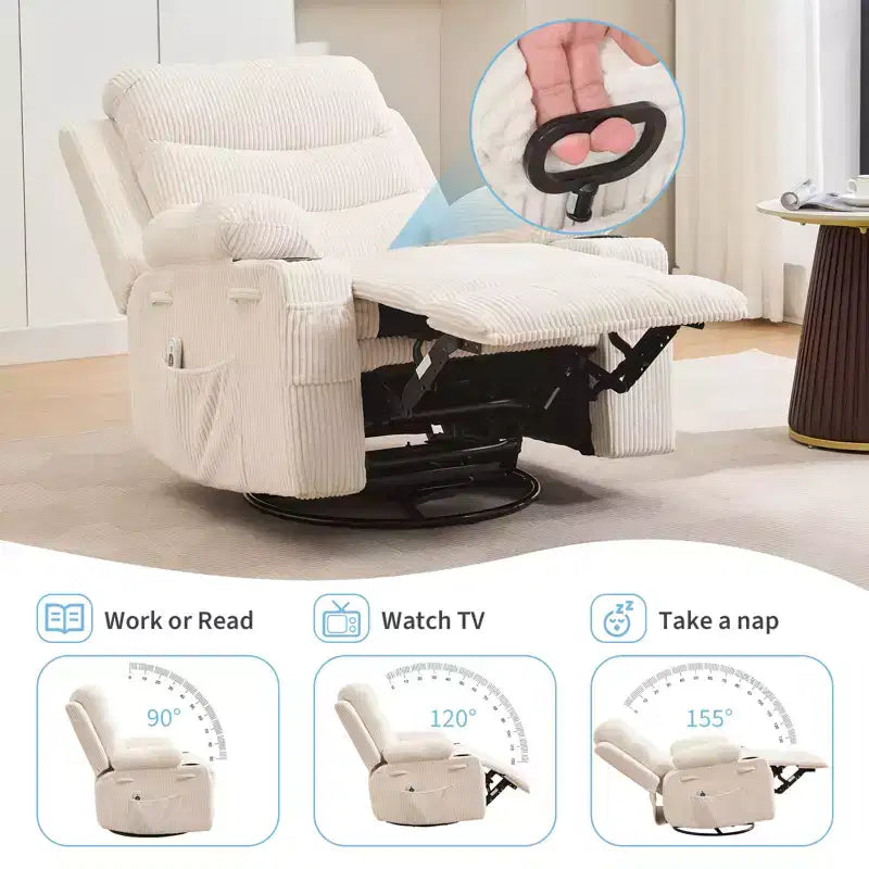 Poltrona reclinabile da asilo nido oversize COZONY, dondolo girevole a 360° con riscaldamento e massaggio, portabicchieri e contenitore, per camera da letto, camper, soggiorno