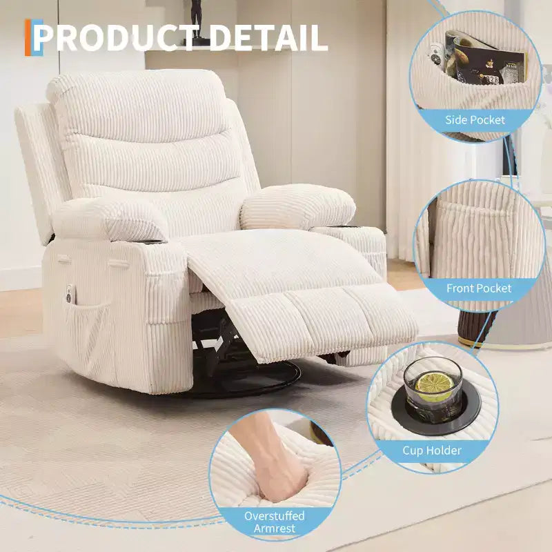 Poltrona reclinabile da asilo nido oversize COZONY, dondolo girevole a 360° con riscaldamento e massaggio, portabicchieri e contenitore, per camera da letto, camper, soggiorno