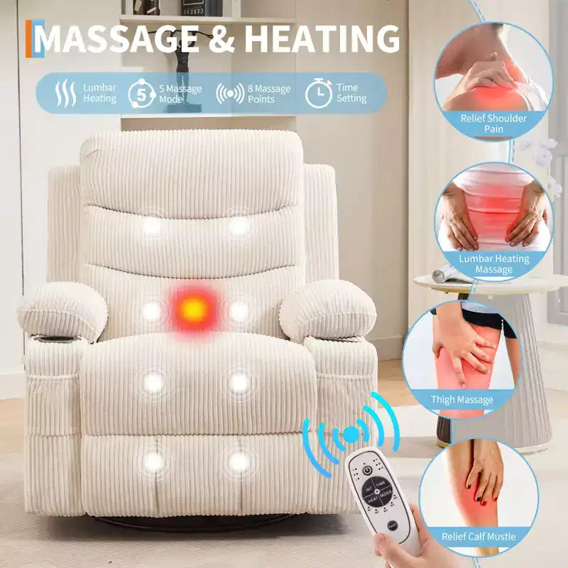Poltrona reclinabile da asilo nido oversize COZONY, dondolo girevole a 360° con riscaldamento e massaggio, portabicchieri e contenitore, per camera da letto, camper, soggiorno