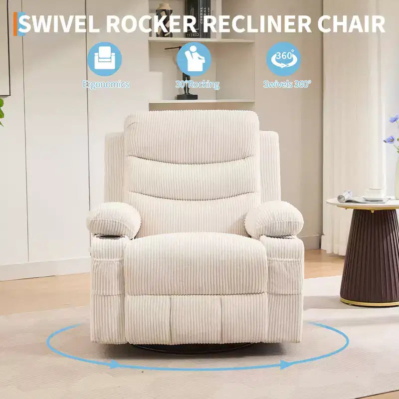 Poltrona reclinabile da asilo nido oversize COZONY, dondolo girevole a 360° con riscaldamento e massaggio, portabicchieri e contenitore, per camera da letto, camper, soggiorno