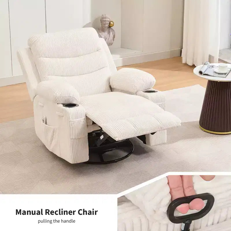 Poltrona reclinabile da asilo nido oversize COZONY, dondolo girevole a 360° con riscaldamento e massaggio, portabicchieri e contenitore, per camera da letto, camper, soggiorno
