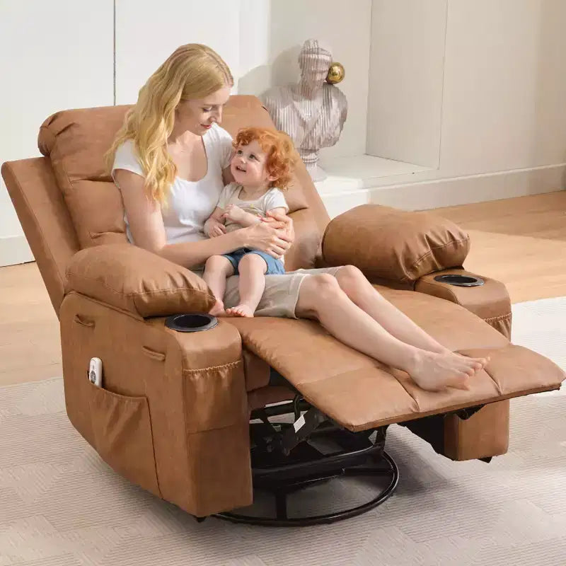 Poltrona reclinabile da asilo nido oversize COZONY, dondolo girevole a 360° con riscaldamento e massaggio, portabicchieri e contenitore, per camera da letto, camper, soggiorno