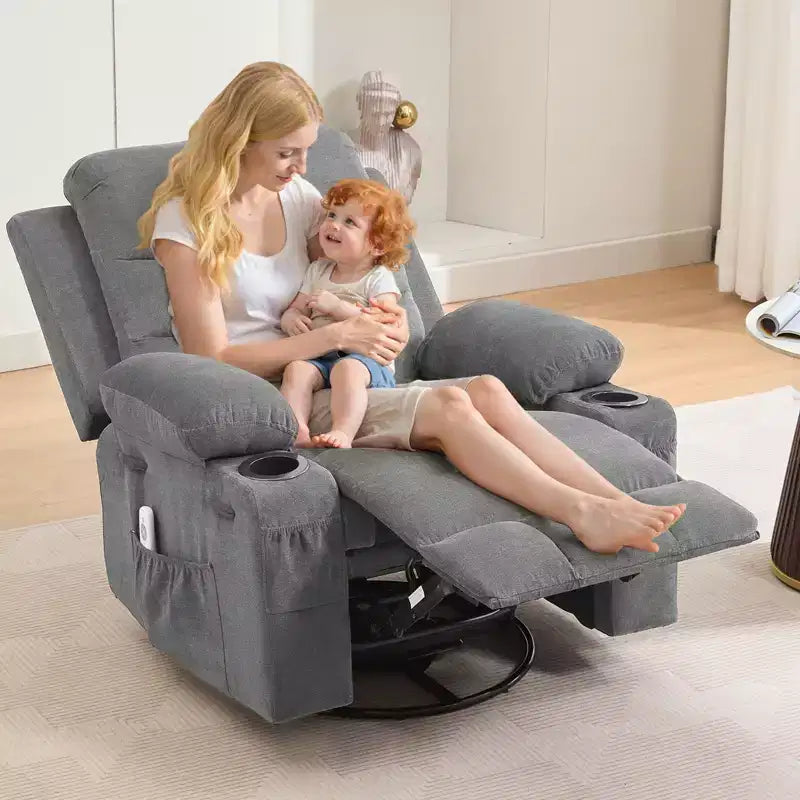 Poltrona reclinabile da asilo nido oversize COZONY, dondolo girevole a 360° con riscaldamento e massaggio, portabicchieri e contenitore, per camera da letto, camper, soggiorno