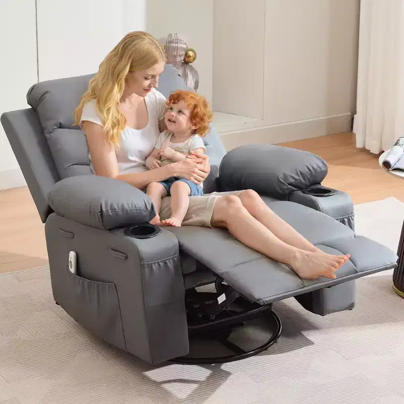 Poltrona reclinabile da asilo nido oversize COZONY, dondolo girevole a 360° con riscaldamento e massaggio, portabicchieri e contenitore, per camera da letto, camper, soggiorno