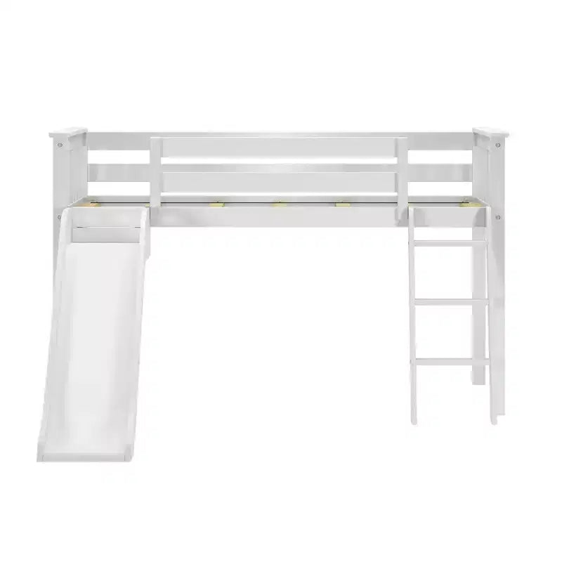 Letto a soppalco basso per gemelli con scivolo facile e tenda a tema camion dei pompieri