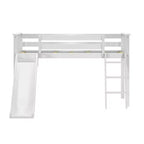 Letto a soppalco basso per gemelli con scivolo facile e tenda a tema camion dei pompieri