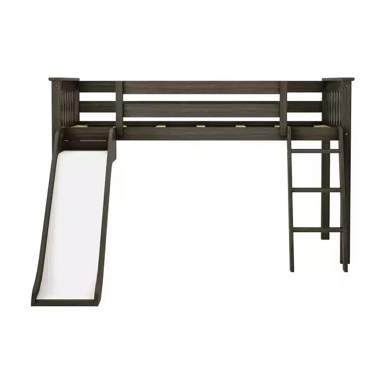 Letto a soppalco basso per gemelli con scivolo facile e tenda a tema camion dei pompieri