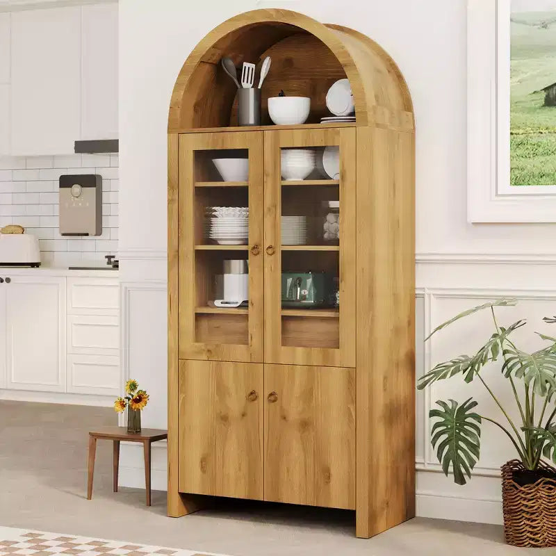 Mobile dispensa ad arco alto 71 pollici, mobile contenitore in stile rustico per soggiorno con cassetto, ripiani e ante in vetro, per sala da pranzo e appartamento