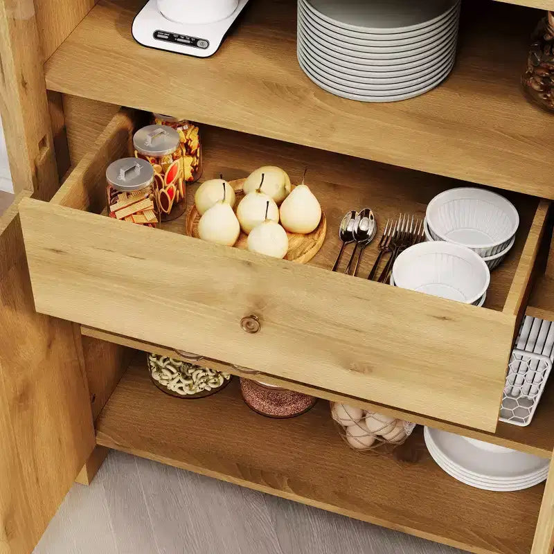 Mobile dispensa ad arco alto 71 pollici, mobile contenitore in stile rustico per soggiorno con cassetto, ripiani e ante in vetro, per sala da pranzo e appartamento