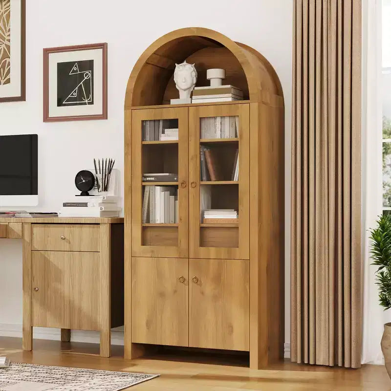 Mobile dispensa ad arco alto 71 pollici, mobile contenitore in stile rustico per soggiorno con cassetto, ripiani e ante in vetro, per sala da pranzo e appartamento