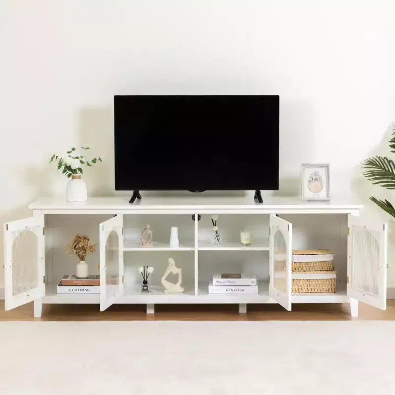 Mobile TV Moderno per TV da 70 Pollici, Mobile Console con Struttura in Legno Massello, Centro di Intrattenimento con Anta in Vetro e Maniglia in Metallo per Soggiorno