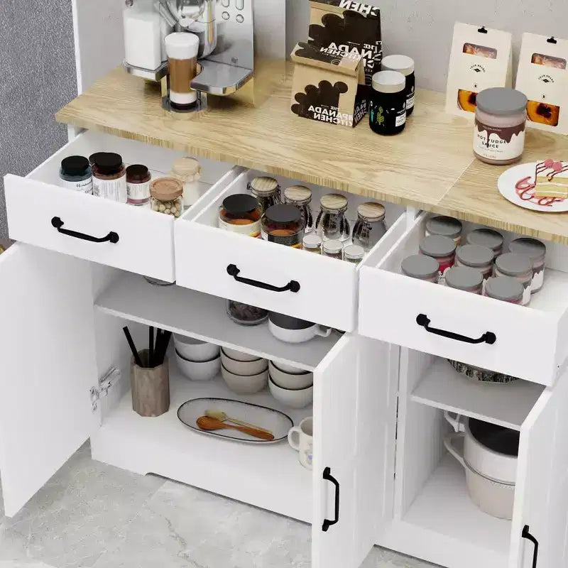 Credenza per sala da pranzo con 3 cassetti e 3 ante, tavolo consolle con scaffali, mobile bar cantinetta in stile rustico