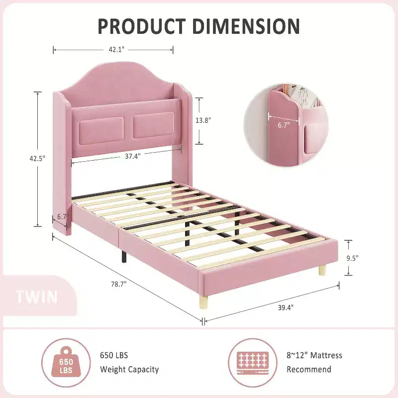COZONY Letto Matrimoniale per Bambini, Letto a Piattaforma da Principessa Imbottito in Velluto con Testiera a Onde, Libreria Contenitore e Luce a LED, Nessuna Molla Necessaria