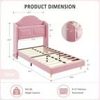 COZONY Letto Matrimoniale per Bambini, Letto a Piattaforma da Principessa Imbottito in Velluto con Testiera a Onde, Libreria Contenitore e Luce a LED, Nessuna Molla Necessaria
