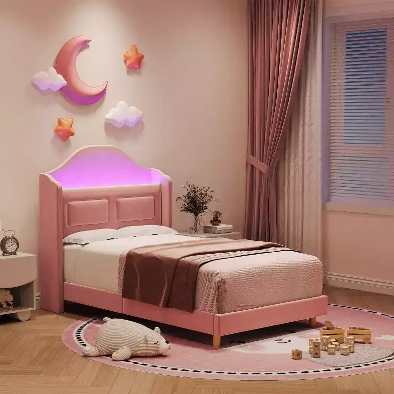 COZONY Letto Matrimoniale per Bambini, Letto a Piattaforma da Principessa Imbottito in Velluto con Testiera a Onde, Libreria Contenitore e Luce a LED, Nessuna Molla Necessaria