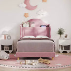 COZONY Letto Matrimoniale per Bambini, Letto a Piattaforma da Principessa Imbottito in Velluto con Testiera a Onde, Libreria Contenitore e Luce a LED, Nessuna Molla Necessaria