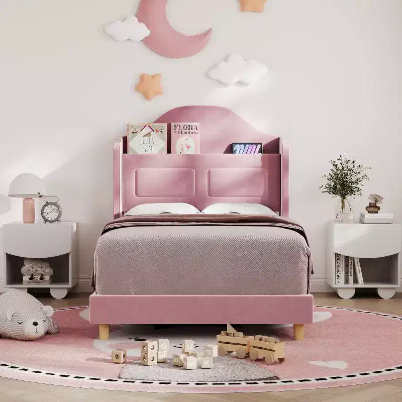 COZONY Letto Matrimoniale per Bambini, Letto a Piattaforma da Principessa Imbottito in Velluto con Testiera a Onde, Libreria Contenitore e Luce a LED, Nessuna Molla Necessaria