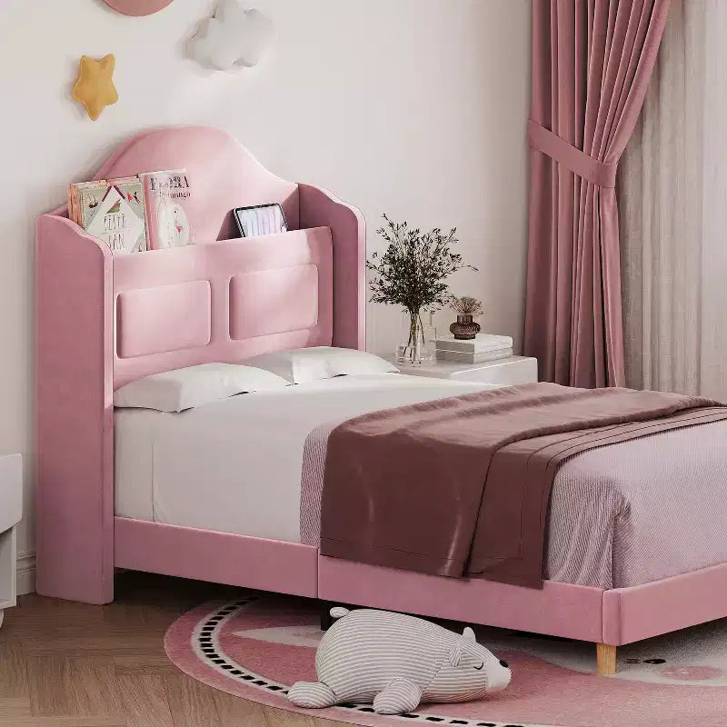 COZONY Letto Matrimoniale per Bambini, Letto a Piattaforma da Principessa Imbottito in Velluto con Testiera a Onde, Libreria Contenitore e Luce a LED, Nessuna Molla Necessaria