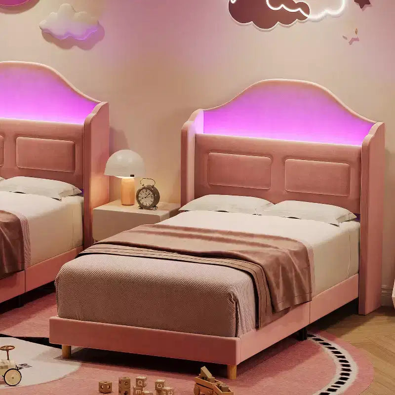 COZONY Letto Matrimoniale per Bambini, Letto a Piattaforma da Principessa Imbottito in Velluto con Testiera a Onde, Libreria Contenitore e Luce a LED, Nessuna Molla Necessaria