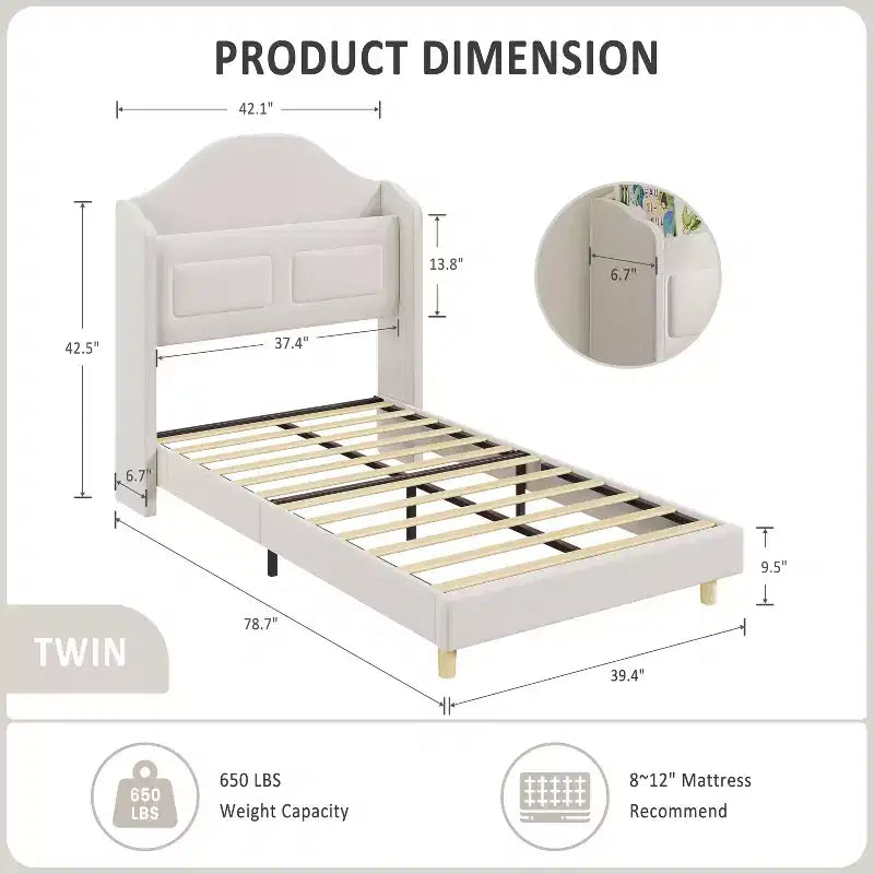 COZONY Letto Matrimoniale per Bambini, Letto a Piattaforma da Principessa Imbottito in Velluto con Testiera a Onde, Libreria Contenitore e Luce a LED, Nessuna Molla Necessaria