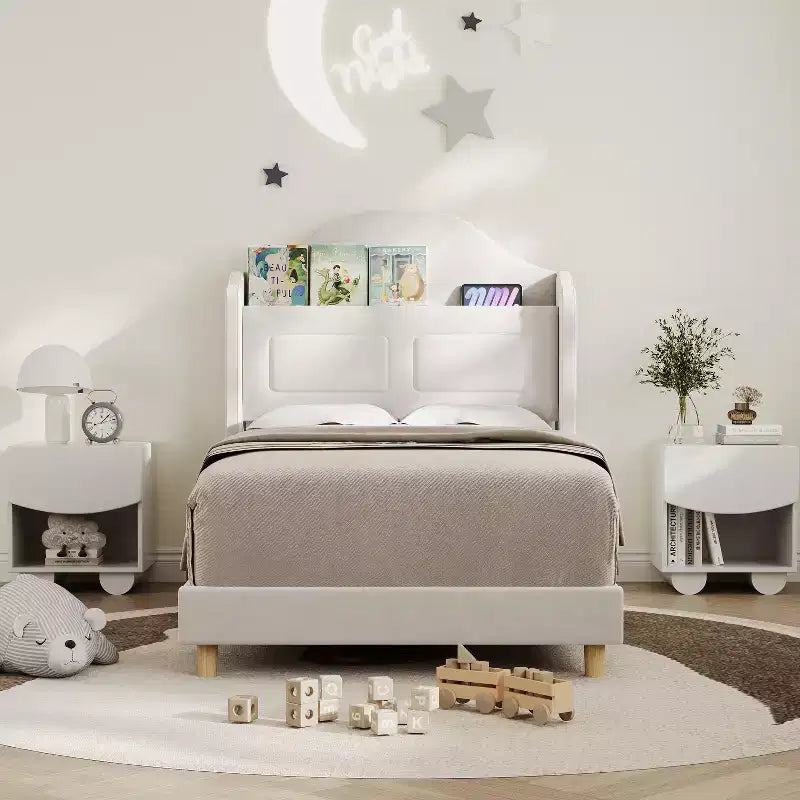 COZONY Letto Matrimoniale per Bambini, Letto a Piattaforma da Principessa Imbottito in Velluto con Testiera a Onde, Libreria Contenitore e Luce a LED, Nessuna Molla Necessaria