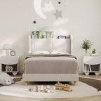 COZONY Letto Matrimoniale per Bambini, Letto a Piattaforma da Principessa Imbottito in Velluto con Testiera a Onde, Libreria Contenitore e Luce a LED, Nessuna Molla Necessaria