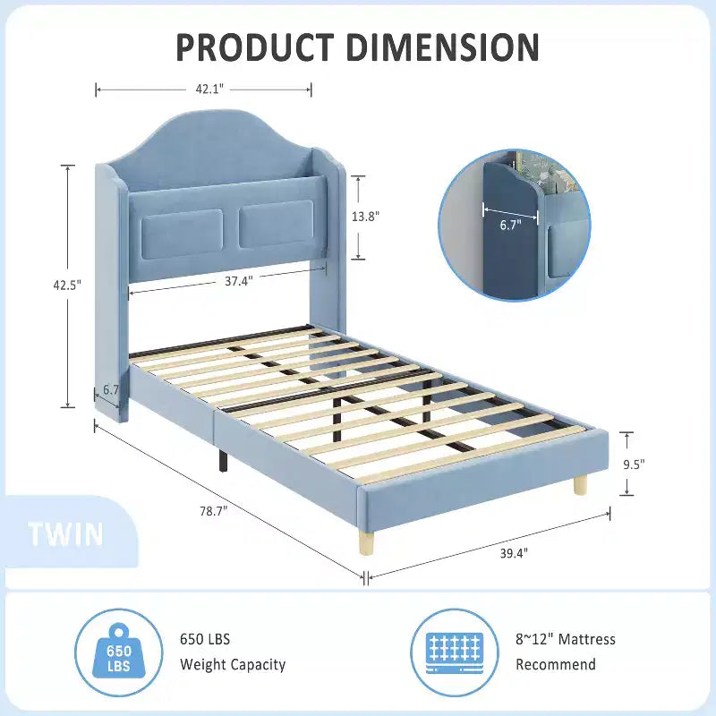 COZONY Letto Matrimoniale per Bambini, Letto a Piattaforma da Principessa Imbottito in Velluto con Testiera a Onde, Libreria Contenitore e Luce a LED, Nessuna Molla Necessaria